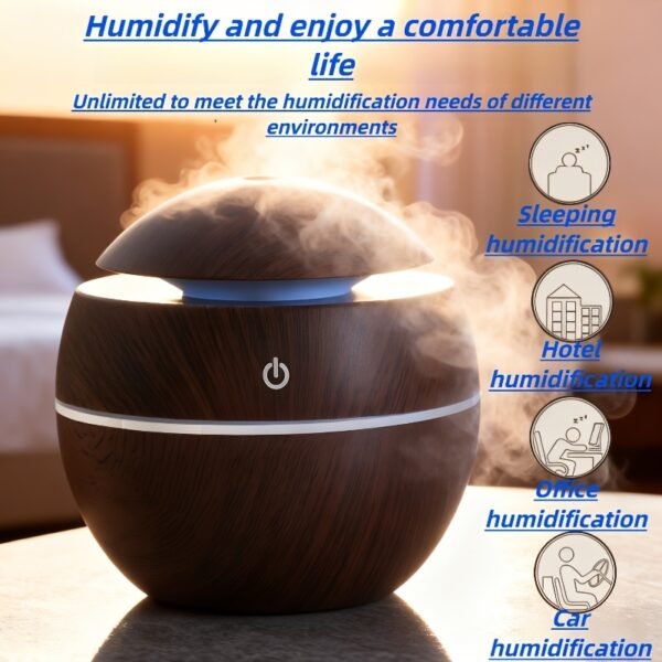 USB Mini Wood Grain Round Hollow 7-Color Ball Aroma Diffuser Humidifier