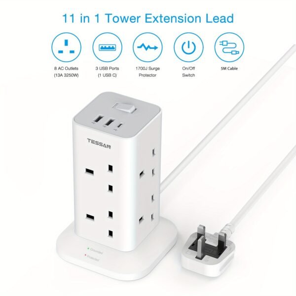 70614eaa-eaf8-4eaa-8a22-9fe40168af41.jpg 5M Tower Extension Lead Featuring 2 USB-A And 1 USB-C