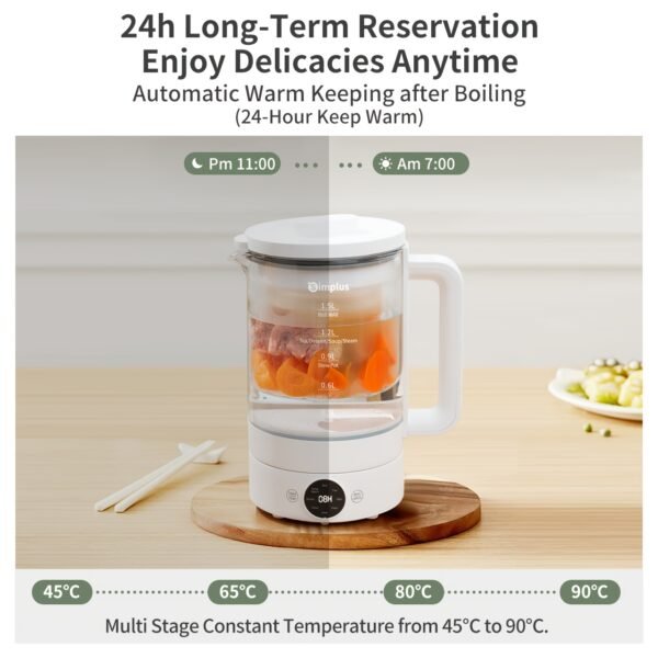 1.5L Multi-Function Health Kettle with 24-Hour Timer & Water Bath Stewing